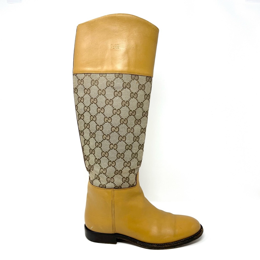 RARE Vintage Gucci GG Logo Monogram Tall Riding Boots Tan Brown Canvas 37.5 7.5 - Picture 2 of 12